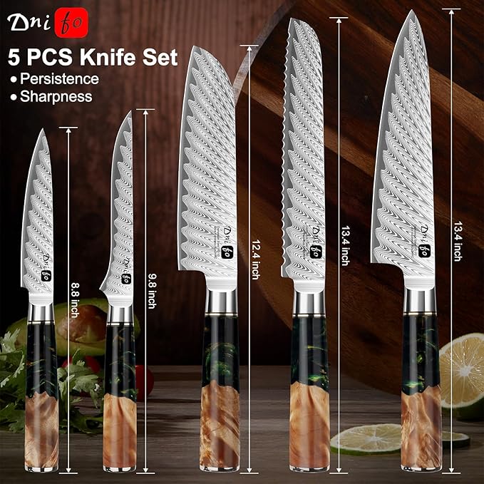 5PCS Damascus Knife Set, 5" Paring, 6" Boning, 7" Santoku, 8" Chef & Bread