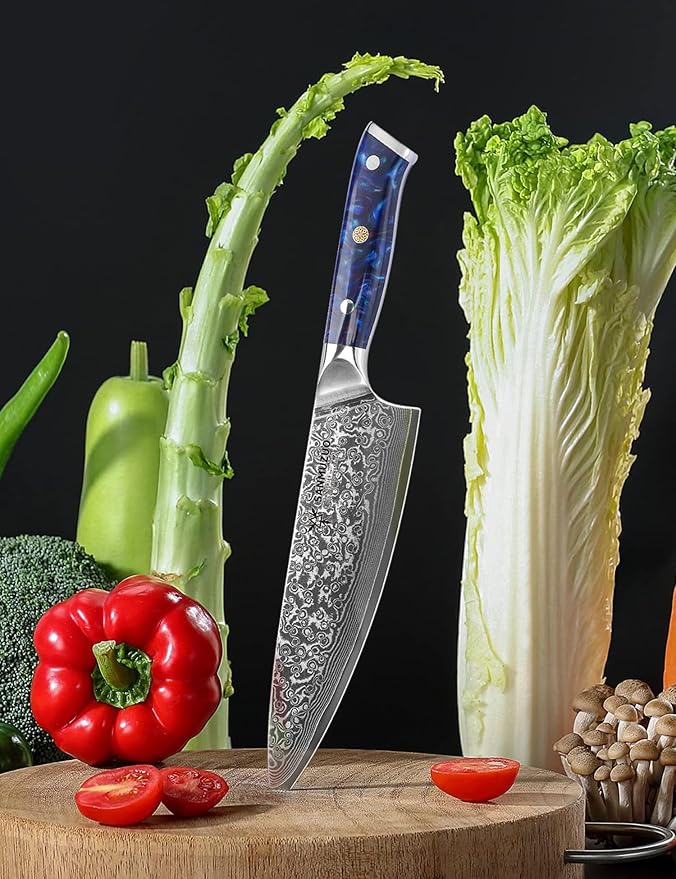 SANMUZUO Chef Knife - 8 inch - Xuan Series - VG10 Damascus Steel Kitchen Knife - Resin Handle (Sapphire Blue)