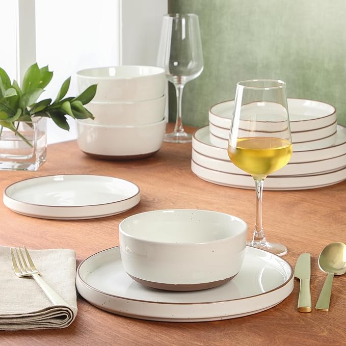 Gibson Elite Northrock Stoneware Dinnerware Set, 12-Piece Service for 4 Plates and Bowls Set – White Dishes with Hand-Painted Terracotta Base