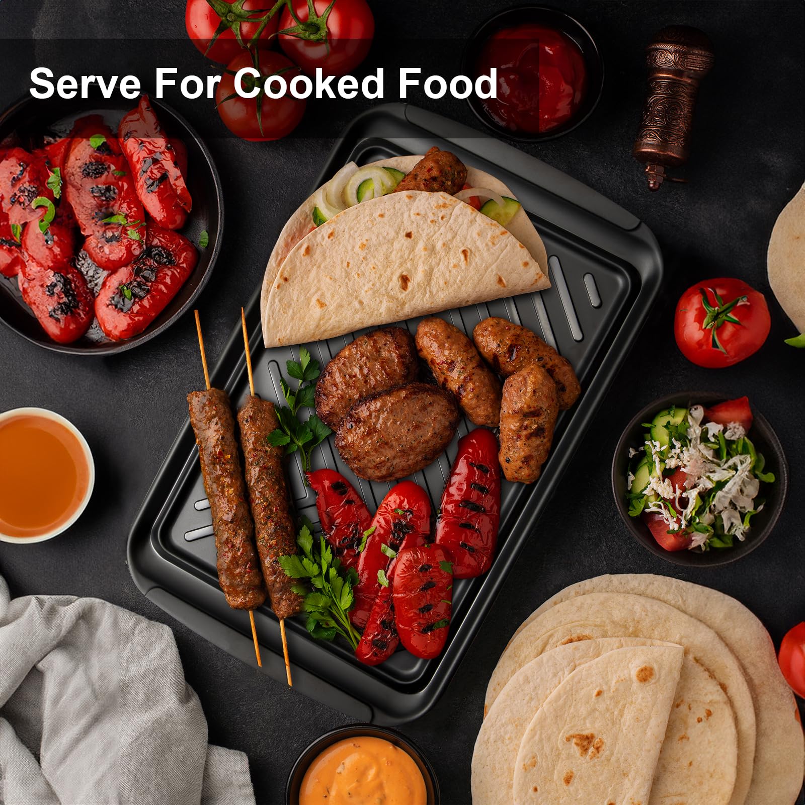 LEHAHA Grilling Prep Trays, Melamine BBQ Prep and Serving Platters and Tray for Outdoor Entertaining, Large Food Serving Trays, Set of 2, 17.2" x 10.5",Great for Grilling Lovers,Black and Red