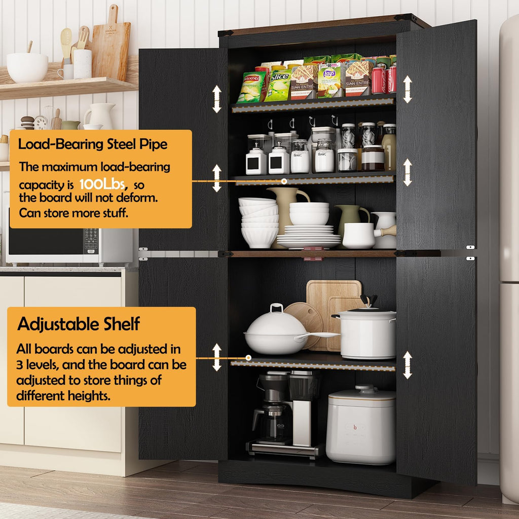 71in Farmhouse Kitchen Pantry Cabinet,Tall Storage Cabinet with 4 Doors and Adjustable shelves,with Load-Bearing Steel Pipe,Wood Storage Cabinets for Kitchen,Dining Room,Bathroom(Black)