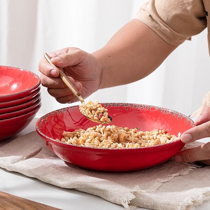 ZAROCRUS Farmhouse Melamine Pasta Bowls Set of 6, 42 OZ Large Serving Bowls Set, 9.25 inch Ramen Bowls,Wide and Shadow Rustic Red Round Dinner Bowl, Fruit bowl, Noodle Bowl, Salad Bowl Set, Red…
