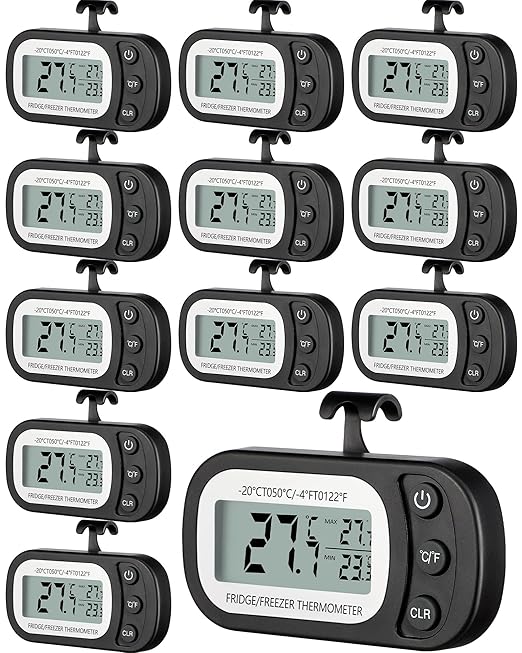 Frienda 12 Pcs Black Digital Fridge Thermometer Waterproof Refrigerator and Freezer Max/min Record Function LCD Screen Refrigerator Thermometer with Hook and Magnetic Back for Home (Button)