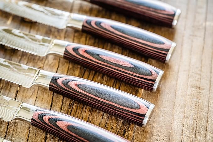 The Epicurean Cook Majesty Series Professional Steak Knife Set with Damascus Pattern - Razor Sharp Serrated Stainless Steel with Wooden Handle (Set of 6 Steak Knives)