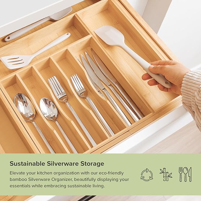 KitchenEdge Silverware & Utensil Drawer Organizer, 16-28 in, Bamboo