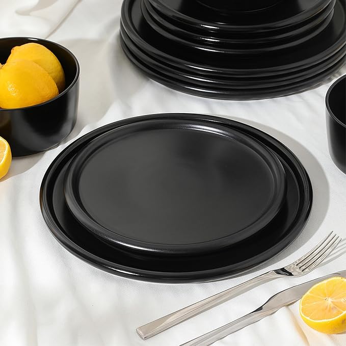 Stone Lain Eden Dinner Plate Set, 4-Piece Black Stoneware Plates - 10.75” Round Modern Tableware for Everyday Dining & Entertaining - Durable Dish Set, Microwave & Dishwasher Safe