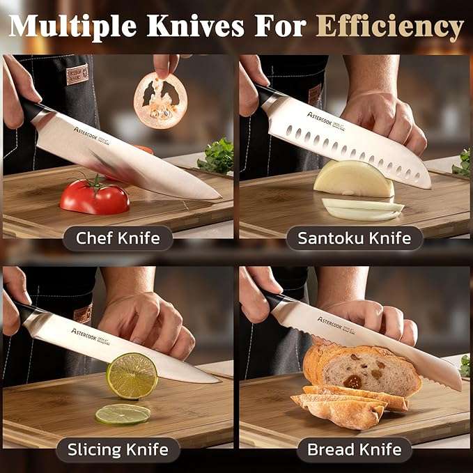 Astercook Knife Set, Kitchen Knives Set with Block and Sharpener Full Tang 17 Pcs German Stainless Steel Knives Sharp Blade Dishwasher Safe Premium Knife Set, Black Father Day Gifts for Men