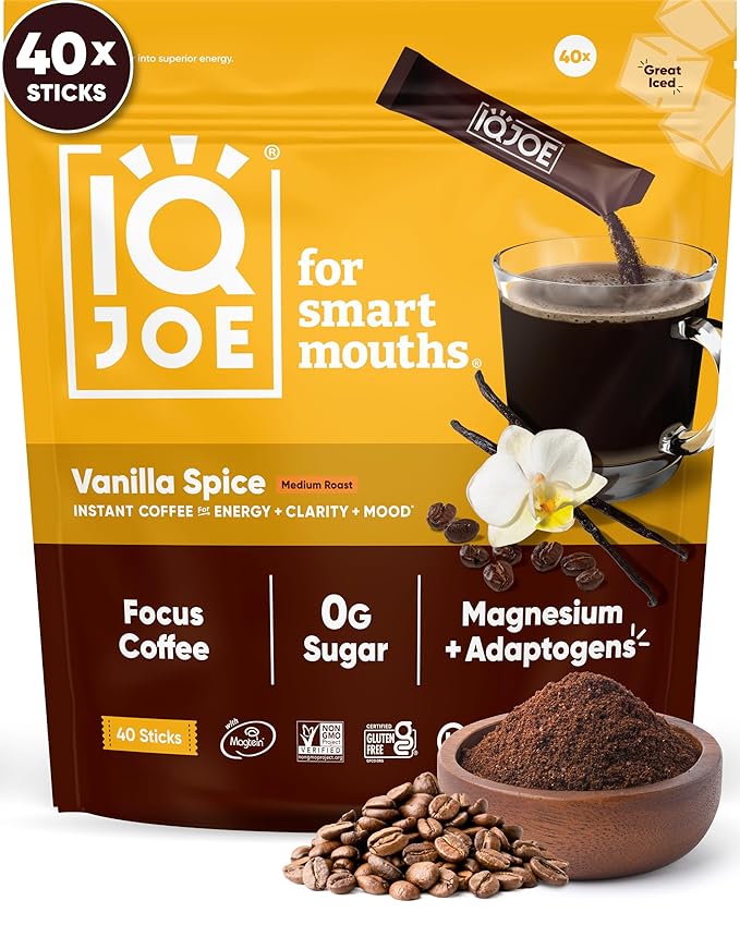 IQJOE Mushroom Coffee, Vanilla Spice, 40 Stick Packs | Keto, Zero Sugar