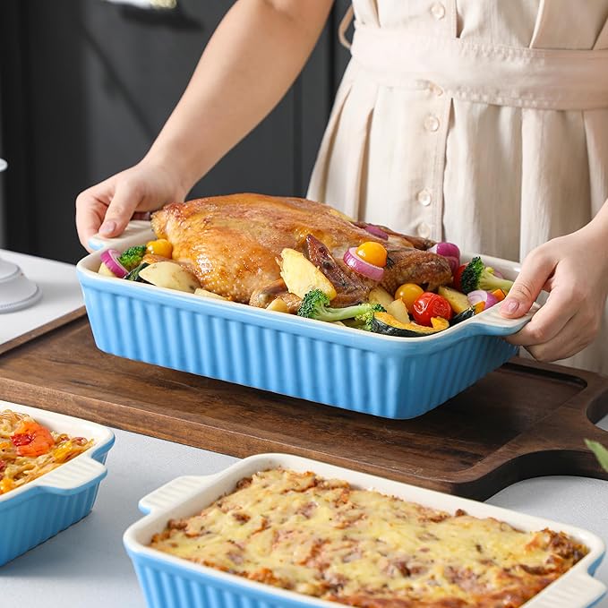 MALACASA Casserole Dishes for Oven, Ceramic Bakeware Set of 4, Blue