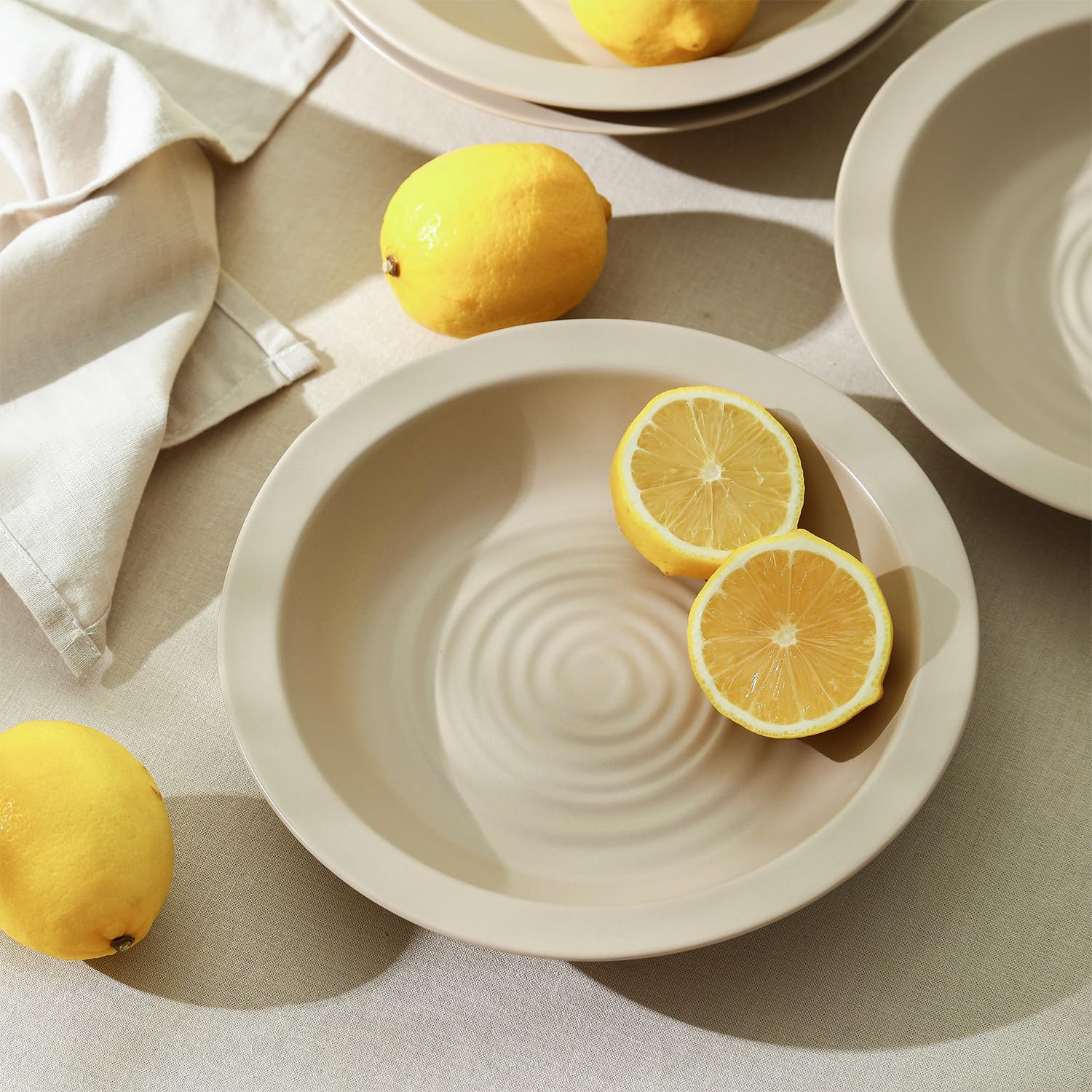 Stone Lain Orbit 24-Piece Dinnerware Set Stoneware, Plates and Bowls Set, Pasta Bowls, Microwave and Dishwasher Safe, Dish Set for 8, Beige