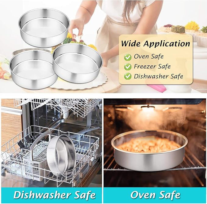 P&P CHEF 9.5 Inch Round Cake Pan Set of 3, Stainless Steel Baking Cake Pans