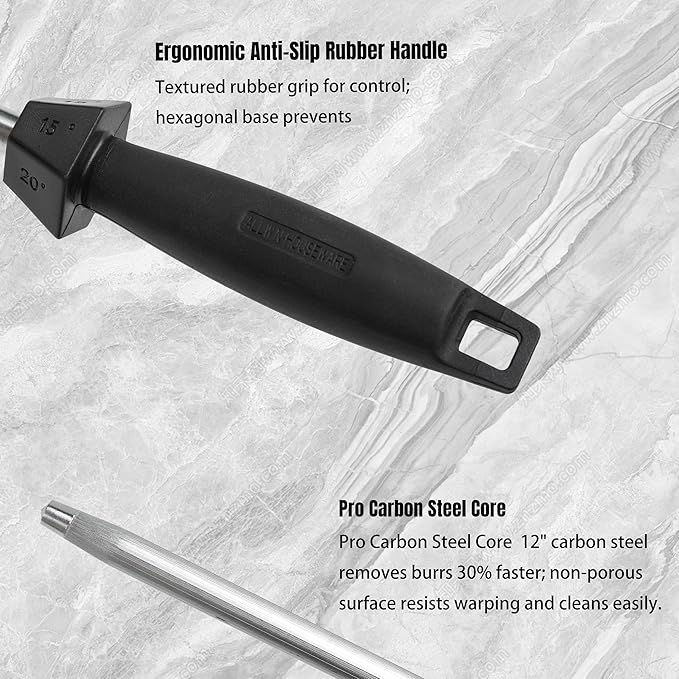12-Inch Knife Sharpening Rod, Honing Steel with 15/18/20 Degree Guides