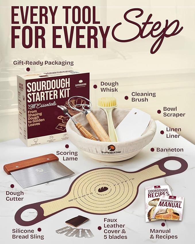Superbaking Sourdough Starter Kit, 9" Round Banneton Proofing Basket