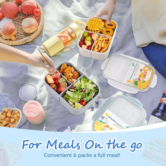 MISS BIG® Large Bento Lunch Box for Adults, 1900ml, 3 Compartments, Gray