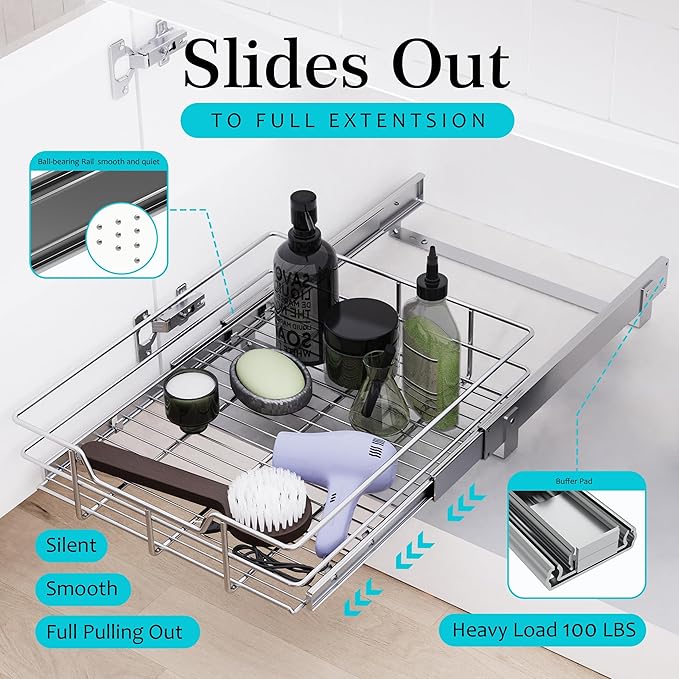 Pull Out Cabinet Organizer 11" W X 22" D, Chromed, Full Slide Out Drawers
