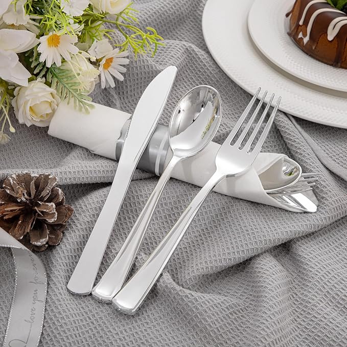 Liacere 100 Pack Silver Plastic Silverware-Pre Wrapped cutlery and Napkin-Pre Rolled Silverware Disposable 100 Forks, 100 Knives 100 Spoons, 100 Napkins Plastic Utensils＆Wedding