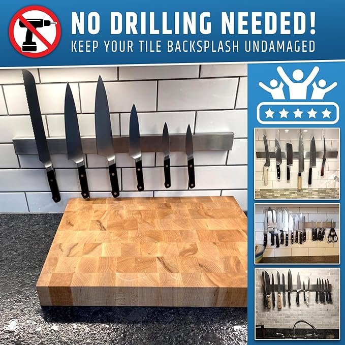 24" Strong Adhesive (No Drill) Magnetic Knife Holder for Wall - Professional Knife Strip - No Screws Needed - Adhesive Backing - Stainless Steel Knife Bar (Upgraded Version – Will Not Fall)