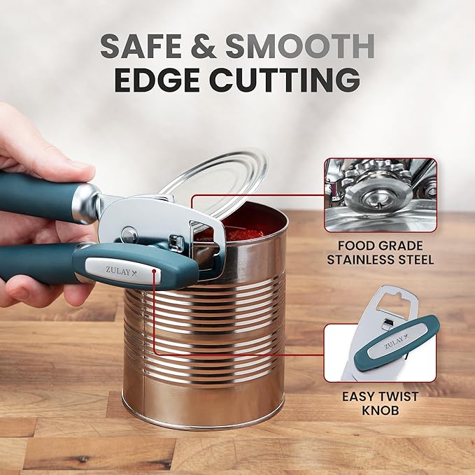 Zulay Kitchen Heavy Duty Stainless Steel Can Opener Manual with Bottle Opener - Rust Proof Manual Can Opener With Turn Knob & Comfy Soft Grip Handles - Green