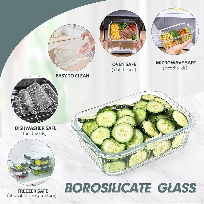 KOMUEE 10 Packs Glass Meal Prep Containers with Lids, Glass Food Storage Containers Set, Airtight Lunch Containers, Microwave, Oven, Freezer and Dishwasher Safe
