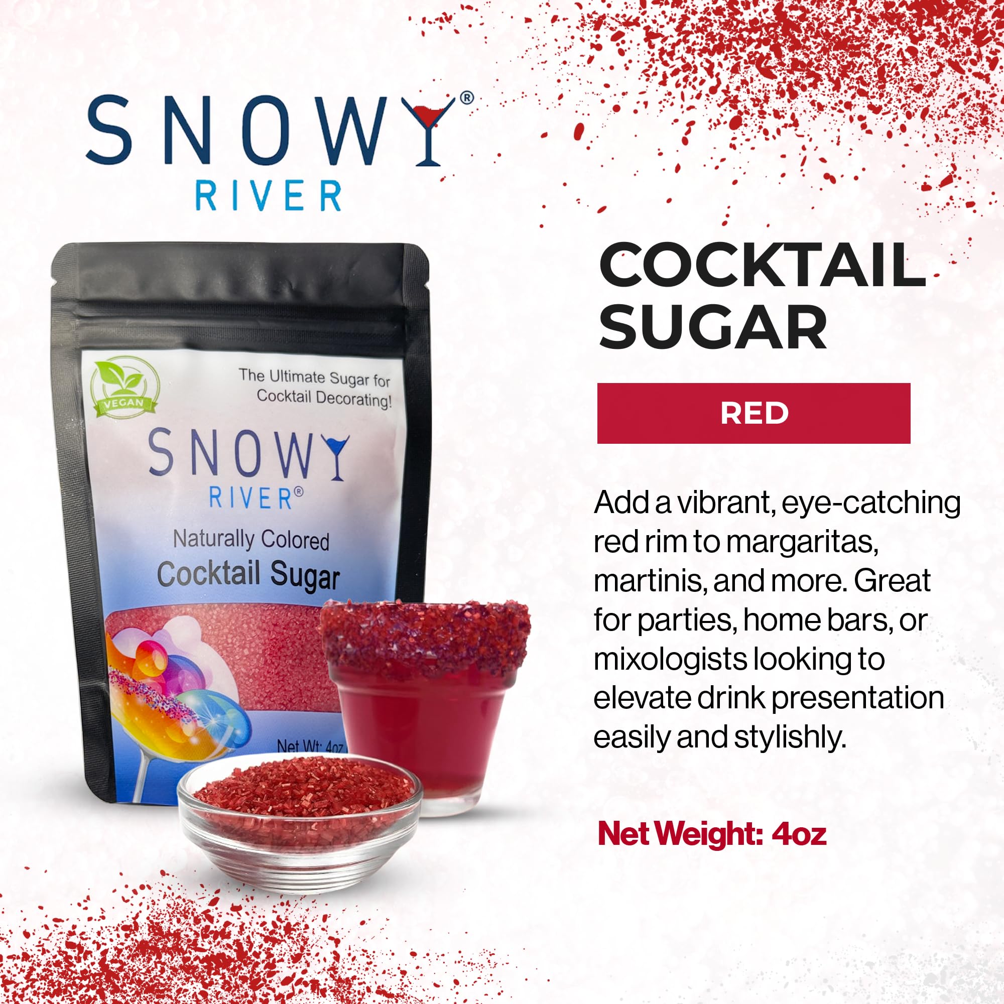 Snowy River Red, Cocktail & Margarita Sugar Rimmer - Vibrant Naturally Colored Sugar for Cocktail Rimming, Baking & Decorating, Medium Crystal - 4oz
