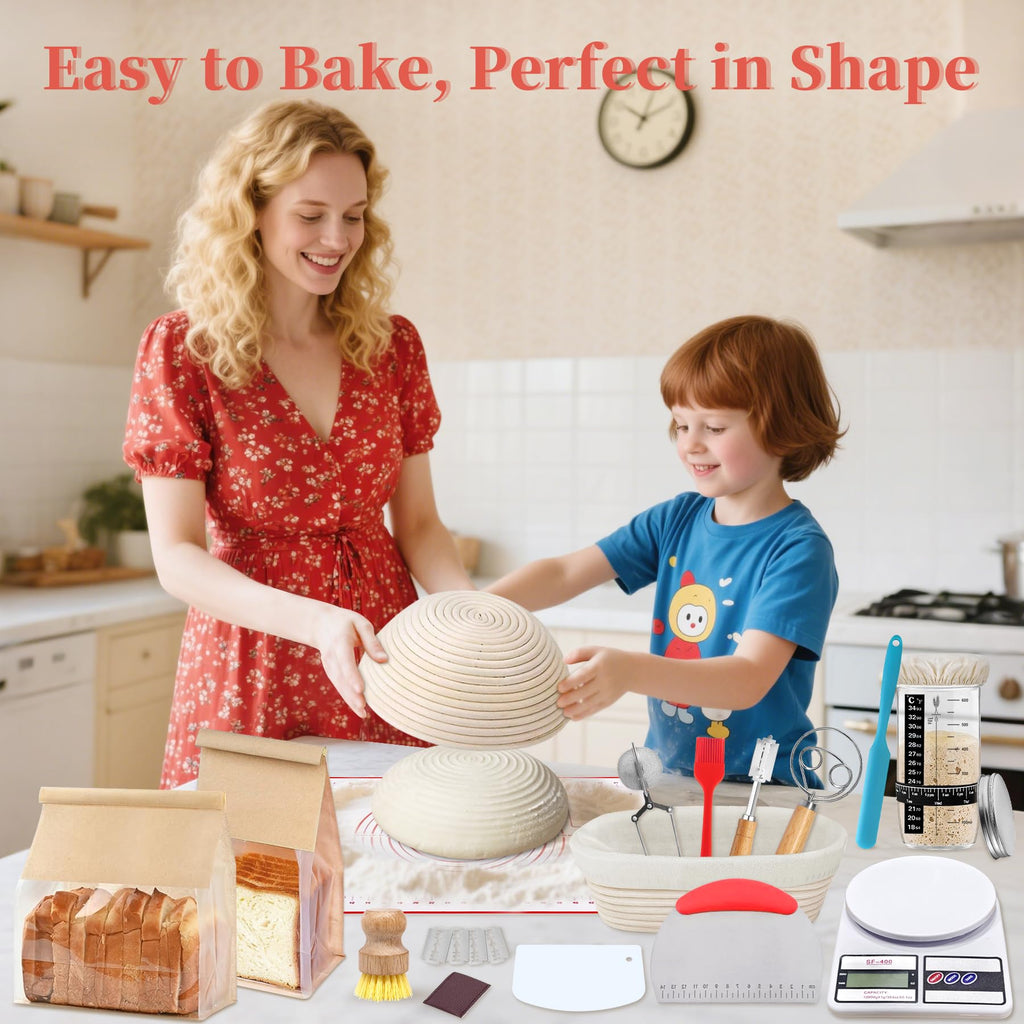 Aliggbent 38Pcs Sourdough Starter Kit, Rattan Banneton Proofing Baskets Jar