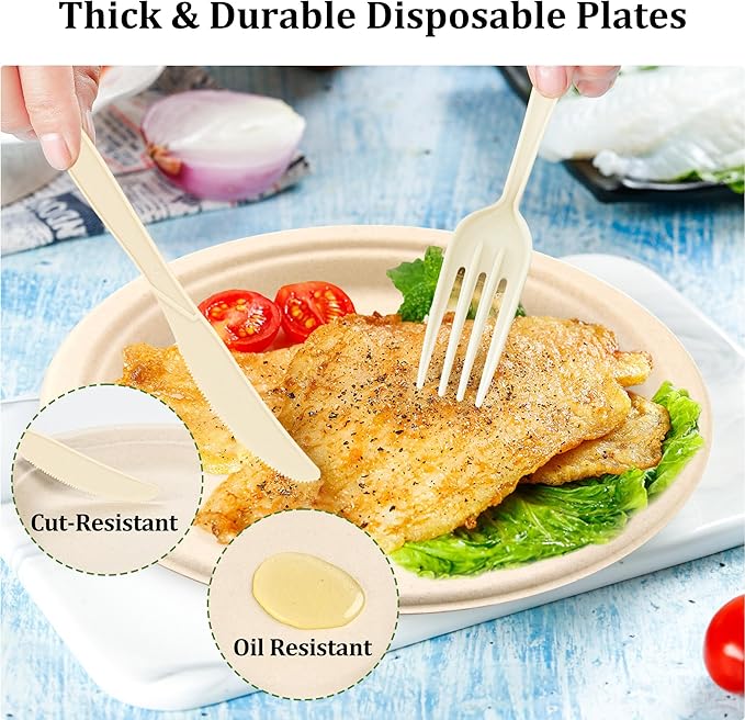 FEHHTO Compostable Paper Plates Set, 250PCS Disposable Heavy-Duty Sugarcane Plate and Eco-Friendly Utensil Biodegradable Dinnerware Plates, Extra Long Forks & Knives & Spoons for Party