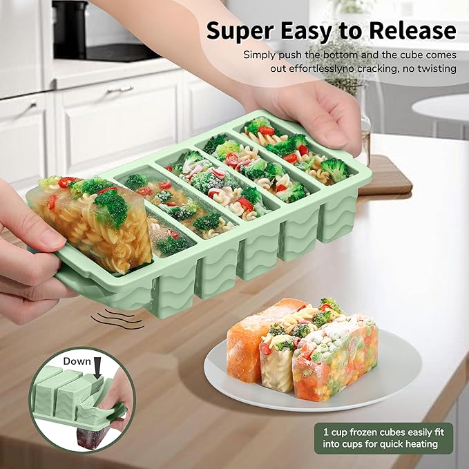 2-Pack Silicone Freezer Trays with Lid, 2 Large 2-Cup(500ml) & 6 Small 1/2-Cup(125ml) Soup Freezer Container Molds, Ice Cube Tray For Meal Prep & Freezing Soup, Stews, Sauces, Oven & Dishwasher-Safe