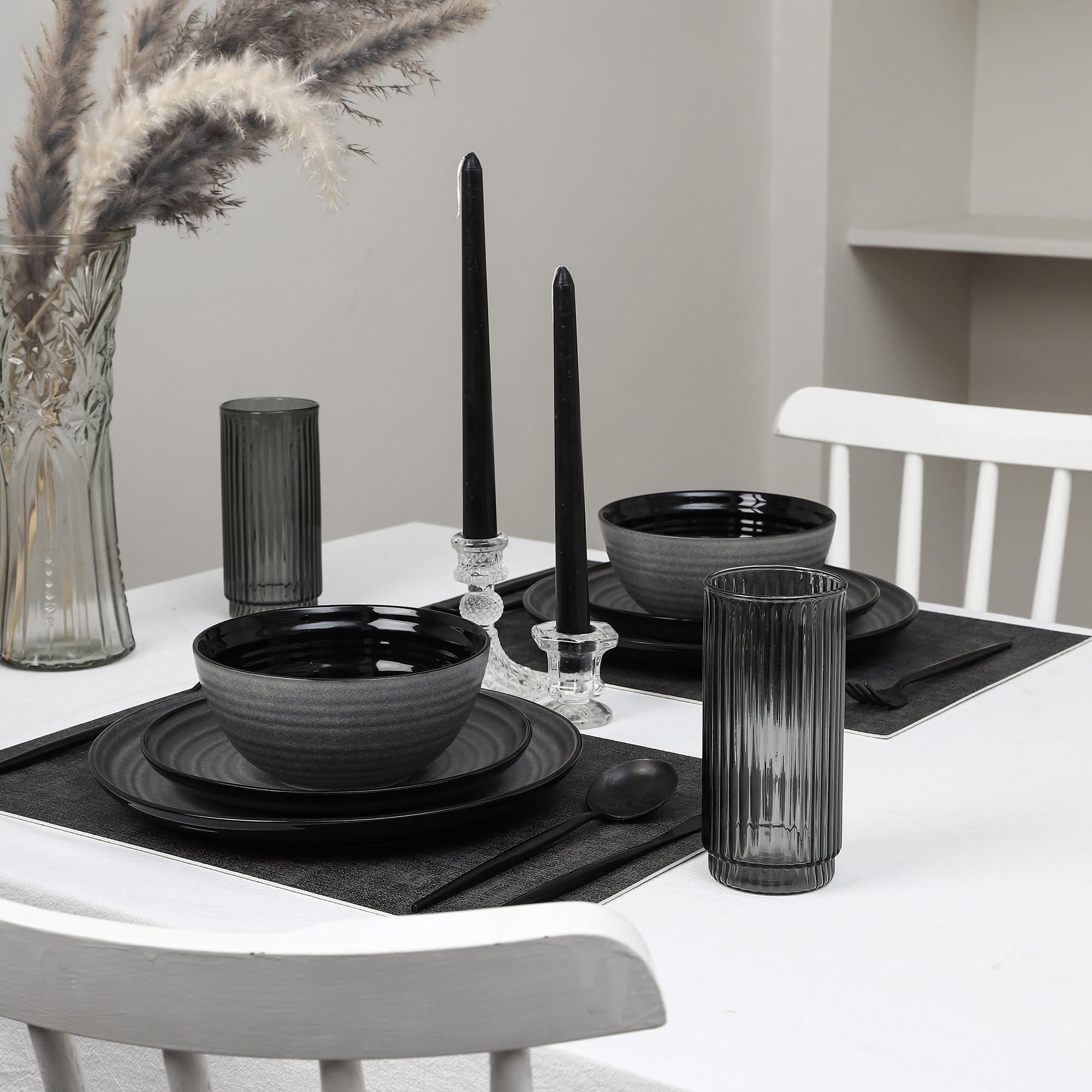 Stone Lain Dua 16-Piece Dinnerware Set Stoneware, Borosilicate Glass, Black