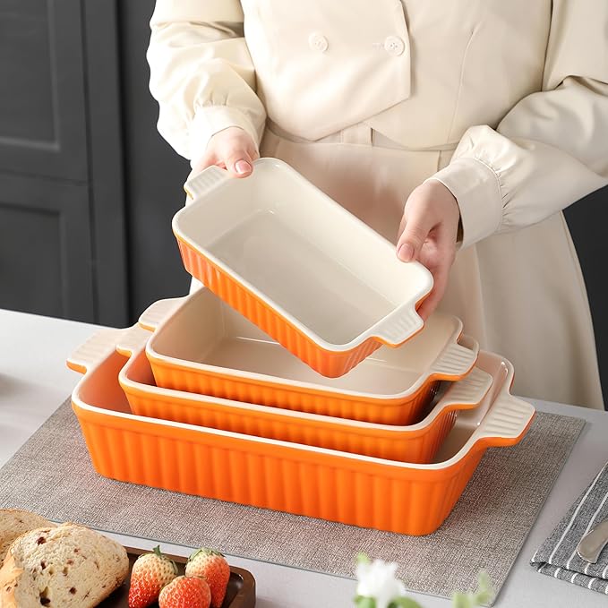 MALACASA Casserole Dishes for Oven, Ceramic Baking Dishes Set of 4,Orange