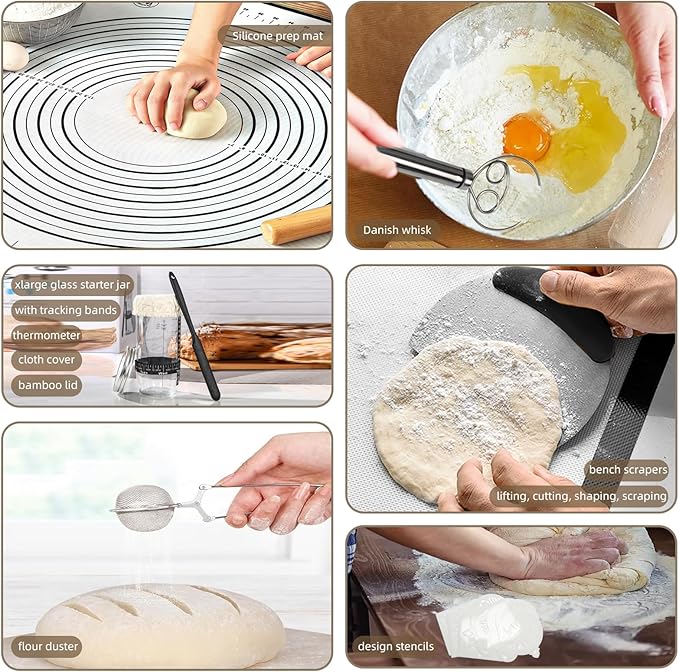 Sourdough Starter Kit with Dutch Oven, 24cm White Baking Pot, 4 Proofing Baskets, Starter Jar, Digital Scale, Bread Lame, Bread Bags & Silicone Mat for Beginners (White)