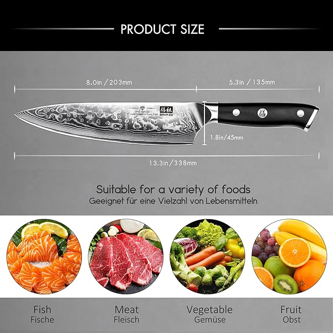 SHAN ZU Chef Knife 8 Inch Japanese Steel Damascus Kitchen Knife