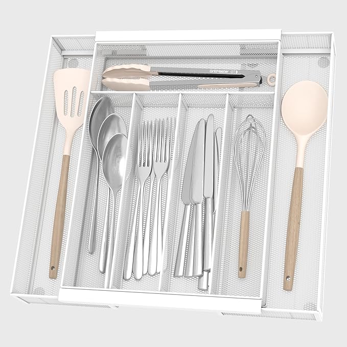 Sedegn Expandable Kitchen Utensil Organizer - 9.6" to 16.1" Adjustable Cutlery Tray with 5-7 Compartments - Fits Various Drawer Sizes & Holds Large Ladles Spatulas Forks Spoons & Knives White