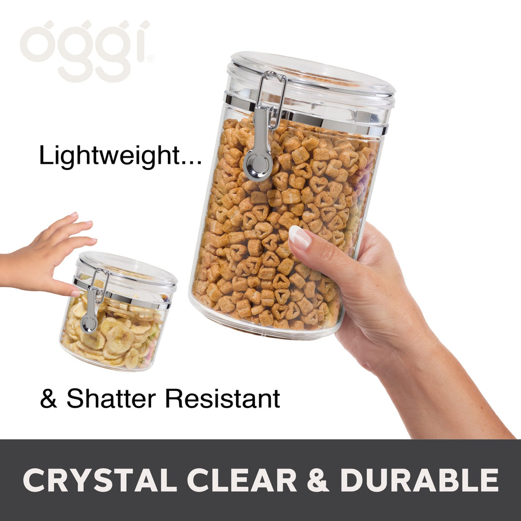 Oggi 4pc Clear Canister Set with Clamp Lids Airtight Containers in Sizes Ideal for Kitchen & Pantry Storage of Bulk, Dry Foods Including Flour, Sugar, Coffee, Rice, Tea, Spices & Herbs