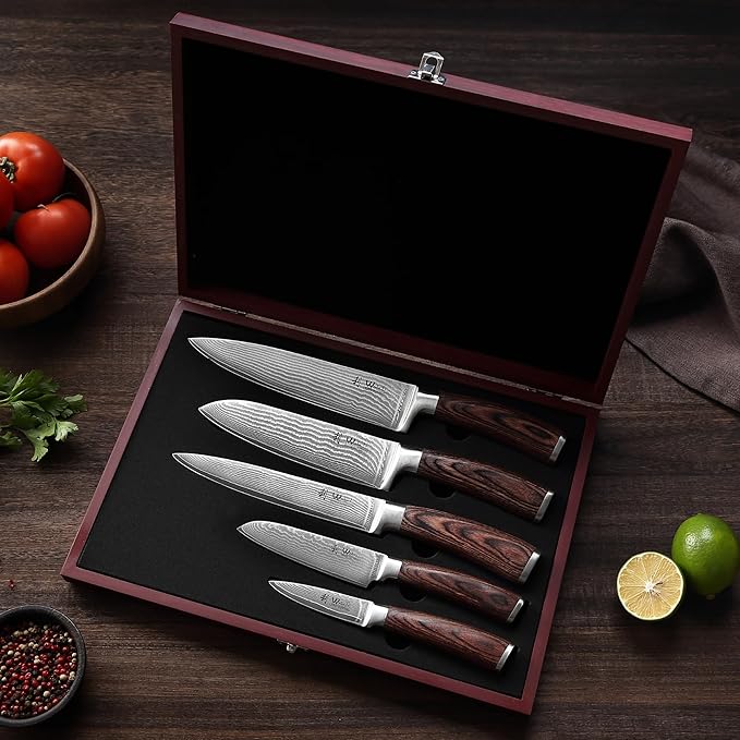 Wakoli EDIB Damascus Knife Set, 5-Piece VG10 Steel Knives, Wooden Gift Box