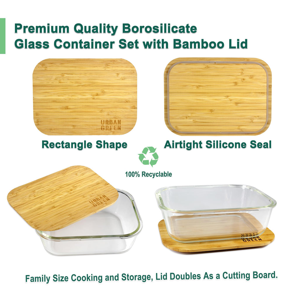 Urban Green Glass Container with Bamboo Lid, 2 Pack of 50oz, Large Glass food storage Container with Lids, Meal Prep Containers Set of 2