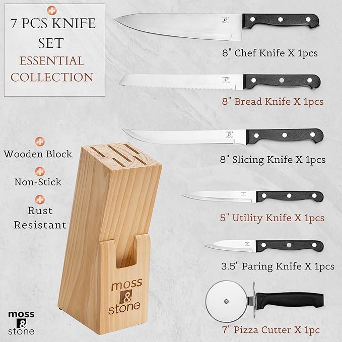 Moss & Stone 7 Pcs Small Kitchen Knife Set with Block, Stainless Steel