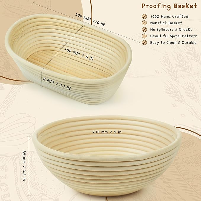 2 Pack 10-Inch Oval Banneton Proofing Basket Set, Sourdough Making Kit, Brotform for Artisan Bread, Includes Danish Dough Whisk, Scoring Lame, Scrapers, Sling & Cleaning Brush