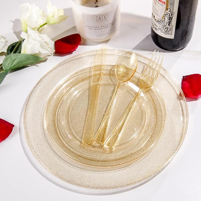 Supernal 300pcs Gold Glitter Plastic Silverware, Disposable Cutlery Set