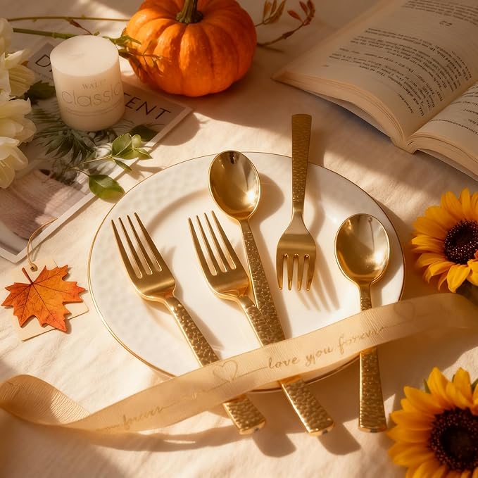 KIRE 400PCS Gold Plastic Spoons and Forks Disposable - Gold Plastic Silverware Set Disposable Spoons and Forks Set for Thanksgiving Party,Birthday