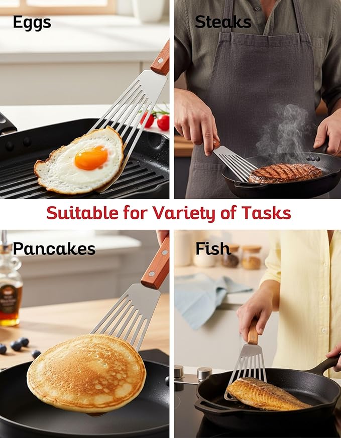 Fish Spatula with Natural Wood Handle - 420 Stainless Steel Slotted Fish Turner for Frying, Grilling & Flipping - Professional 11-Inch Burger Turner, Steak & Pancake Spatula