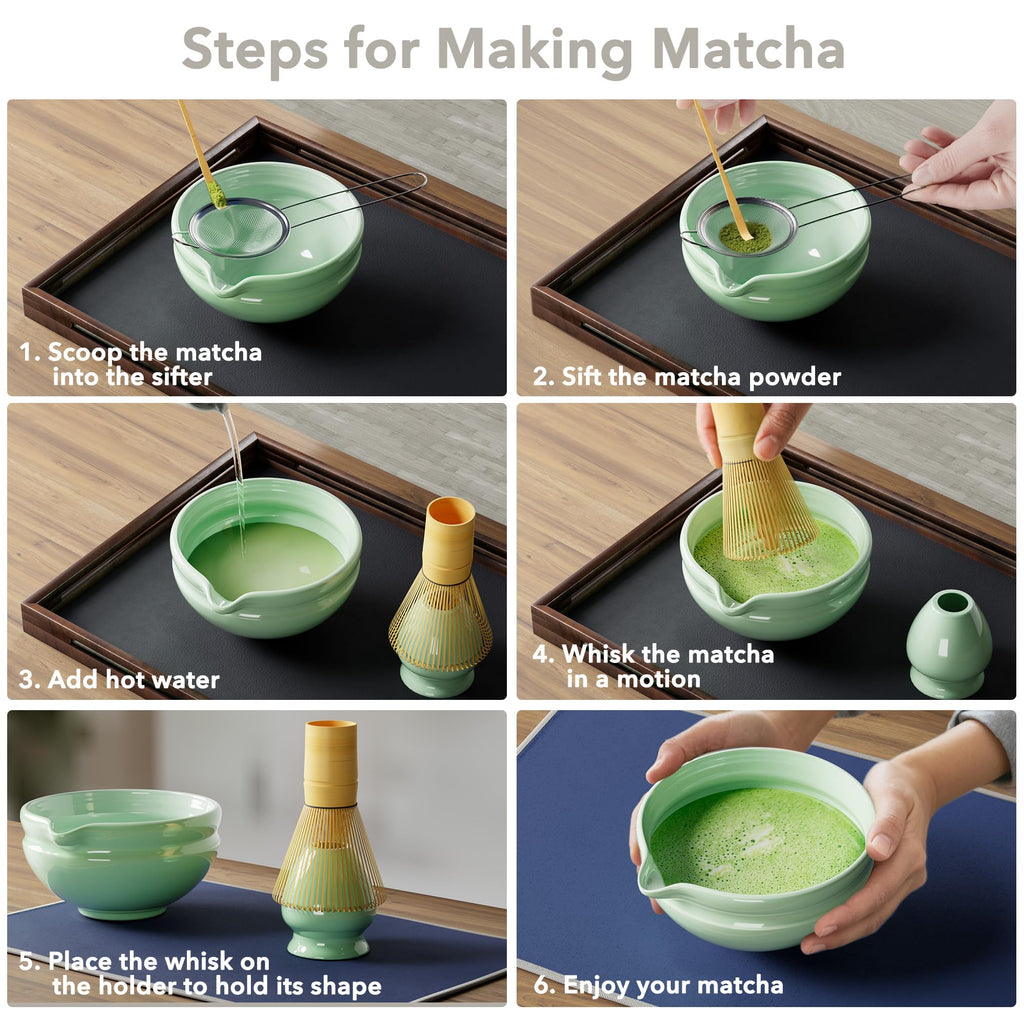 7 Pcs Matcha Whisk Set, Perfect Matcha Kit for Matcha Lovers Includes Ceramic Bowl, Bamboo Whisk, Holder, Scoop, Sifter & Cloth