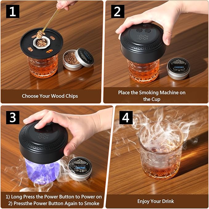 Electric Whiskey Smoker Kit, Rechargeable Cocktail Smoker Kit with 6 Wood Chips, Built-in Lighter, No Butane Needed, Old Fashioned Smoker kit，Gifts for Men, Dad, Husband (Black)