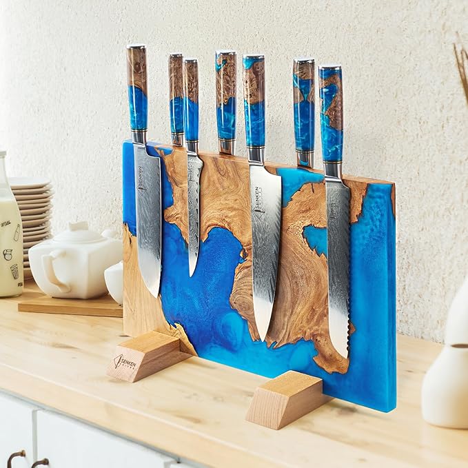 SENKEN "Tsunami" Extra Large Magnetic Knife Block - Holds Up to 16 Knives - Knife Block without Knives, Universal Knife Holder, Beautiful Blue Resin Burl Wood Blend ("Tsunami" Blue Resin Blend)
