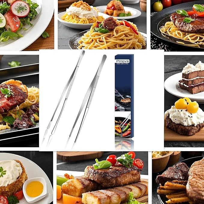Pinovk 2 Pcs 12-Inch Kitchen Tweezers, Extra-Long Stainless Steel Cooking Tweezer Tongs for Plating, Roasting, Serving Food, Silver