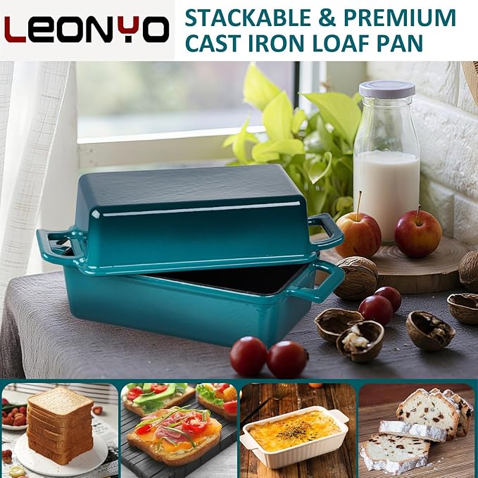 Leonyo Enamel Cast Iron Bread Pan, 9"x5" Loaf Pan with Lid, Blackish Green