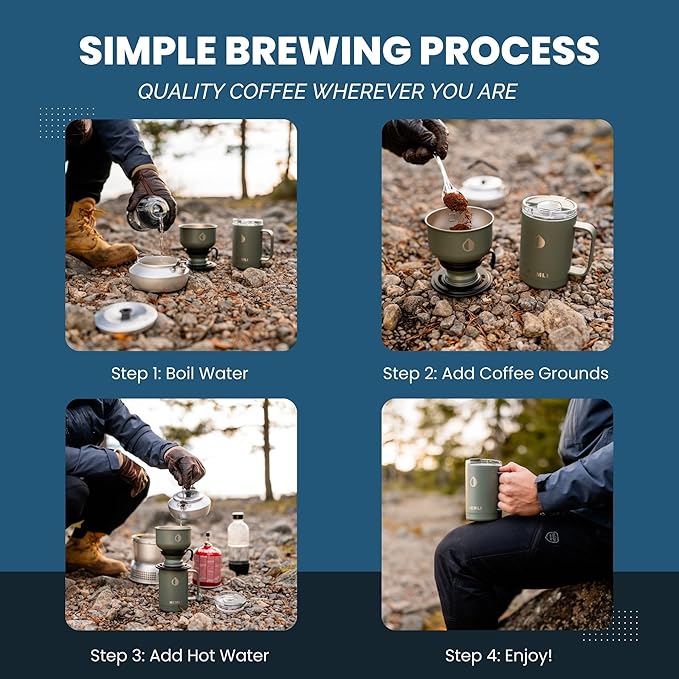 Hemli 16 oz Pour Over Camping Coffee Maker Set– Vacuum Insulated Mug with Leakproof Lid, Stainless Steel Micro Filter, Portable Coffee Maker for Camping, Travel & Outdoor Adventures