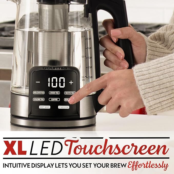 Gourmia Electric Glass Kettle – 1.7L Programmable Tea & Coffee Brewer with Digital Touch Display, 6 Presets, Removable Stainless Steel Infuser, Cordless with 360° Swivel Base, Peach