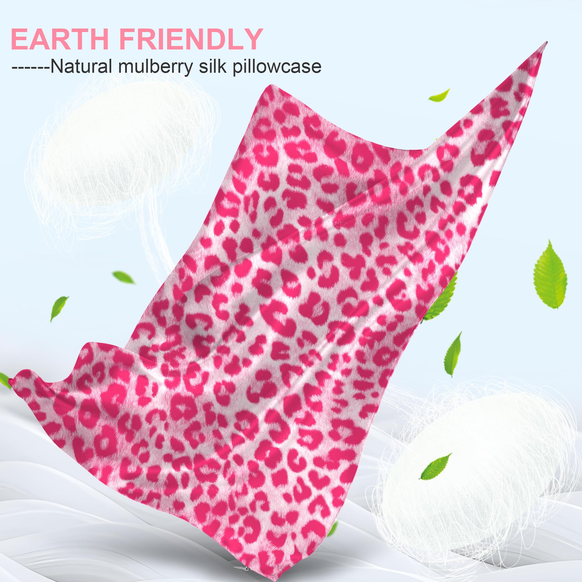Silk Pillow Cases 2 Pack Standard Size with Hidden Zipper, Mulberry Silk Pillowcase for Hair and Skin, Smooth and Soft Breathable Cooling Silk Satin Pillowcase Set of 2, Gifts for Women，Leopard Pink