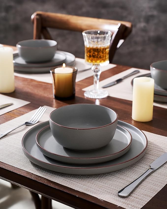 Famiware Mercury 12-Piece Stoneware Dinnerware Set, Dark Grey