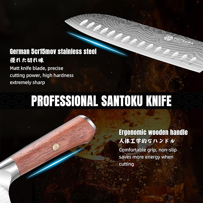 YOTSUBA 7" Santoku Japanese Chef Knife – Forged High Carbon Stainless Steel (HRC 56±2) – Precision Edge & Long-Lasting – Ergonomic Rosewood Kitchen Knife Handle – Gift for Home Cooks and Pro Chefs